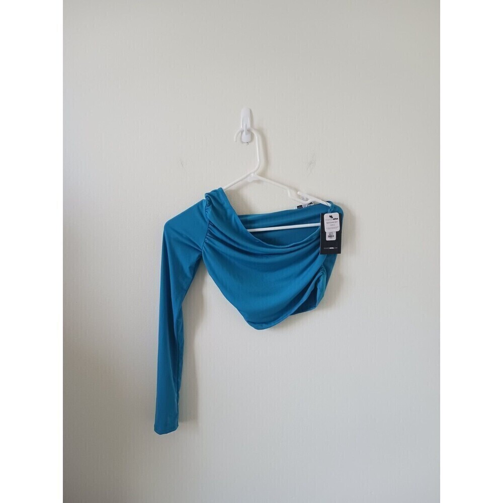 Fashion Nova Crop Top One Shoulder Long Sleeve Ribbed Turquoise‎ Size S